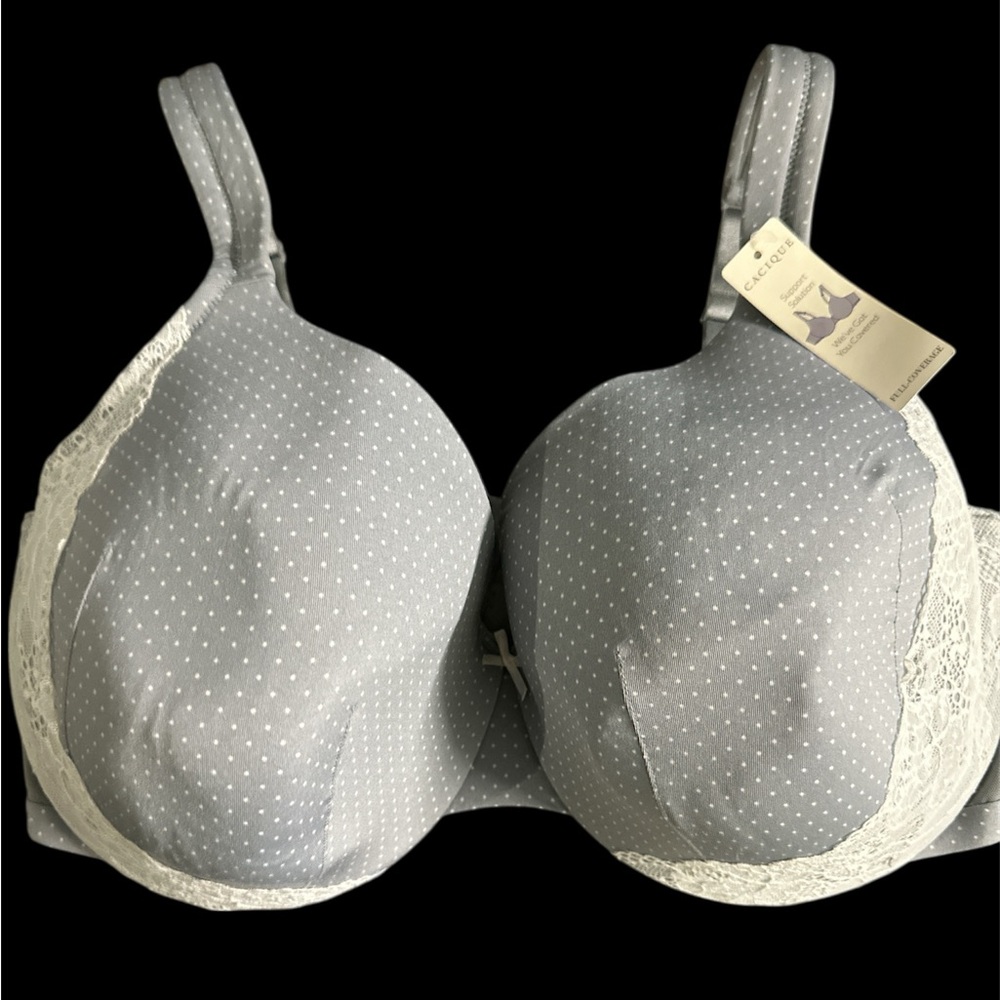 Cacique Lane Bryant 42F Bra Gray White Underwire Polka Dot Lace Full Coverage